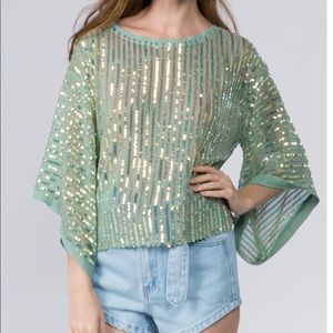 Sequin Strip Mesh Top - Multi Green.